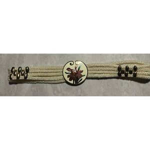 Vintage Braided Cord Belt Cream Gold Tone Enamel Floral Orchid Buckle 27 Inch